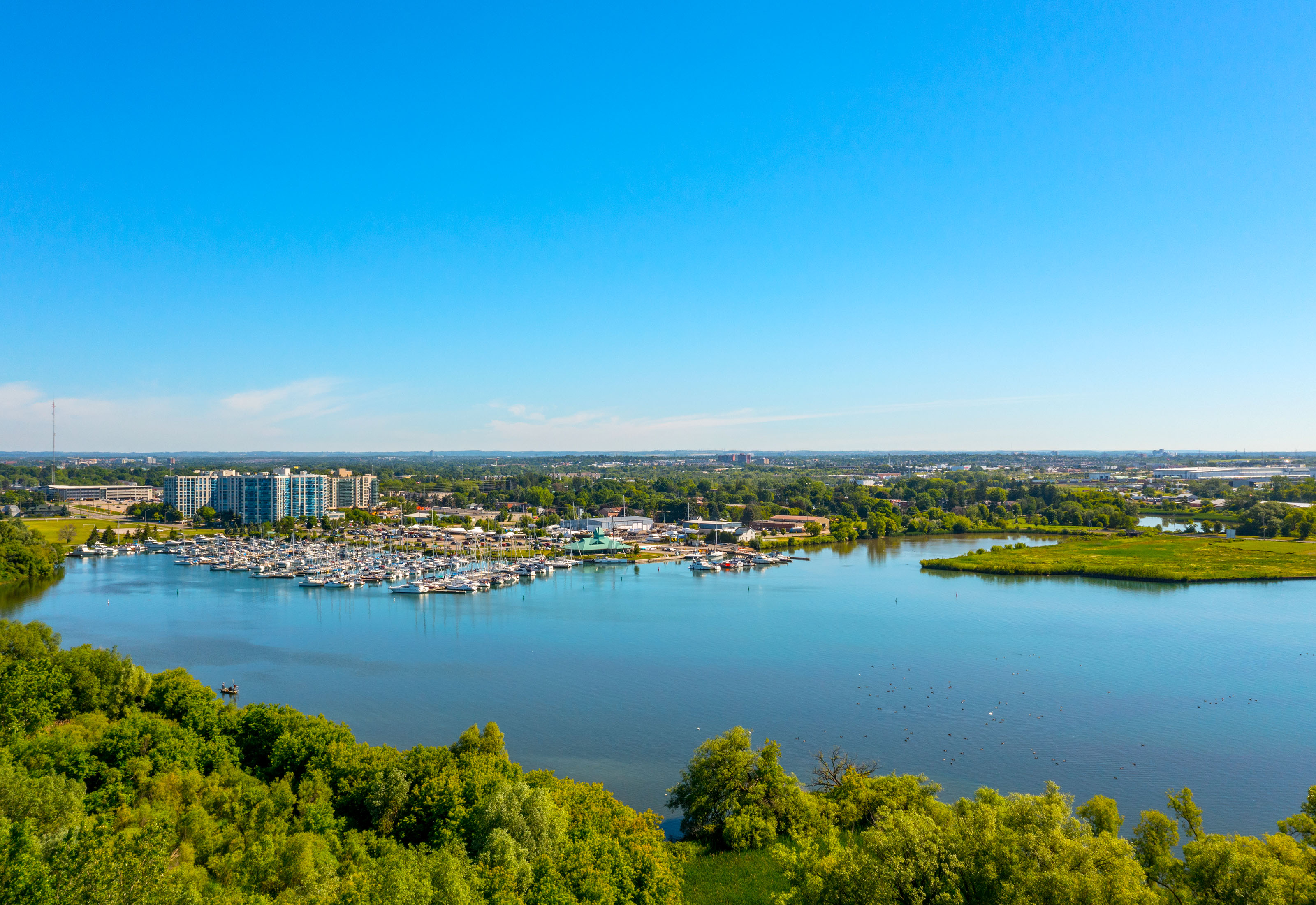An aerial view of Whitby north from the waterfront