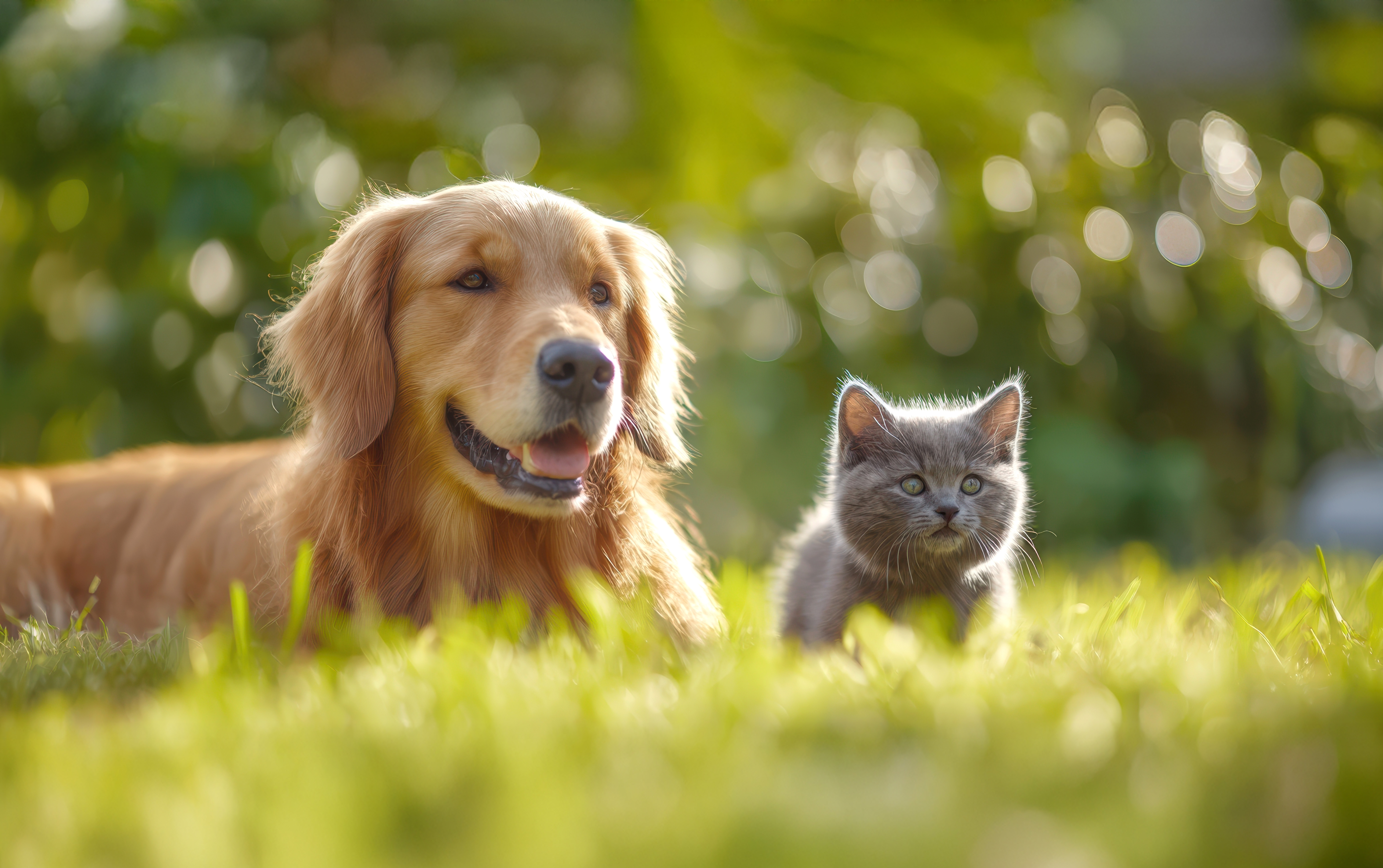 Dog and cat lying on the grass