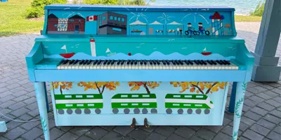 Colourful painted piano at Whitby Waterfront 