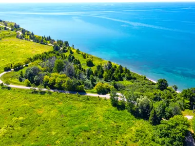 An aerial view of the Whitby Waterfront Trail and Lake Ontario