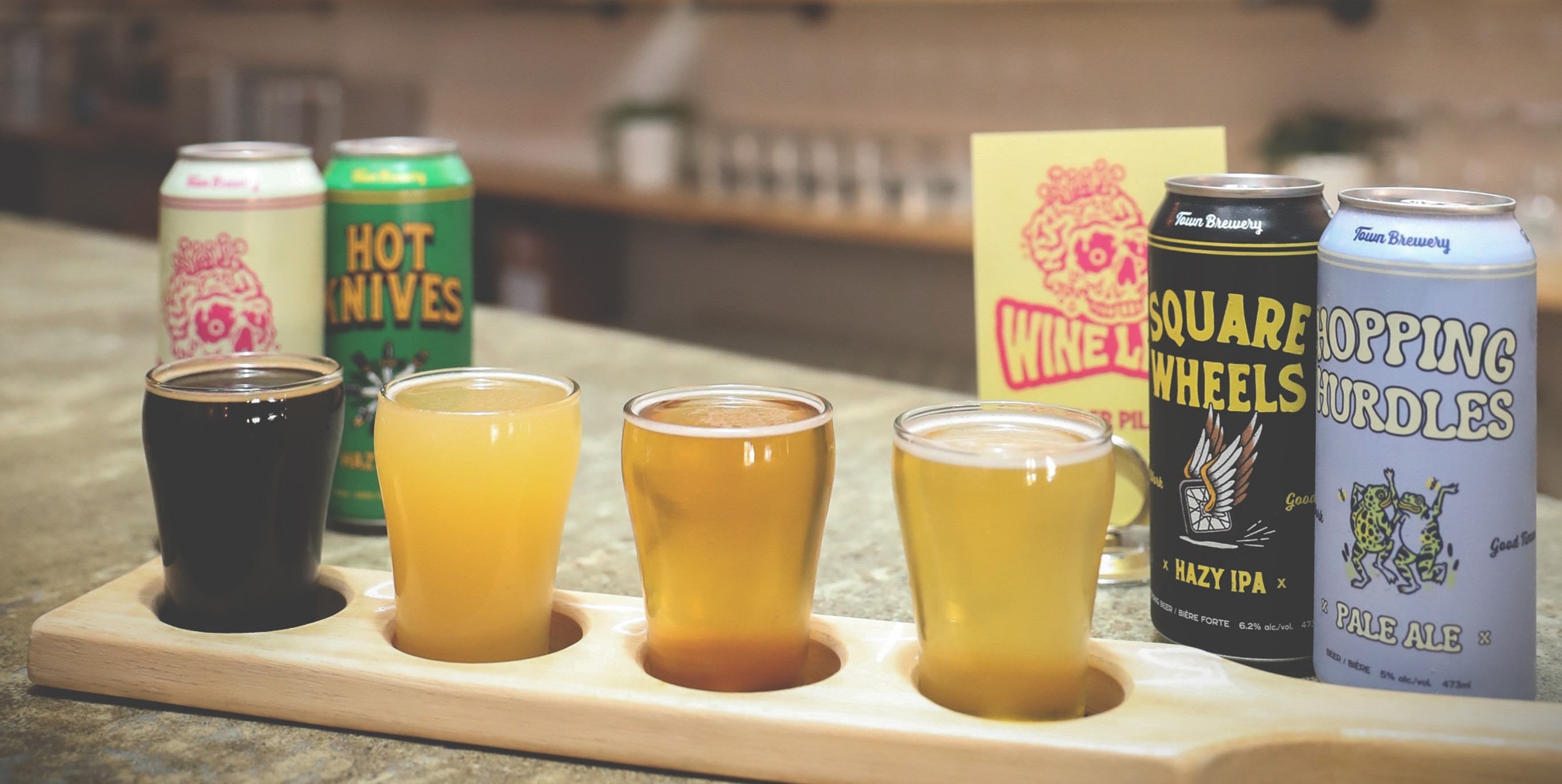 Flight of beers on counter