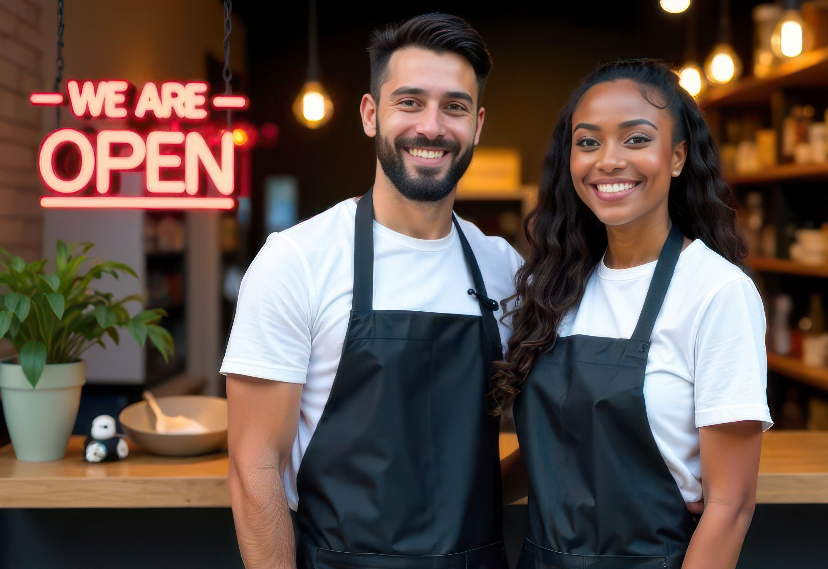 Two business owners standing in front of an open sign